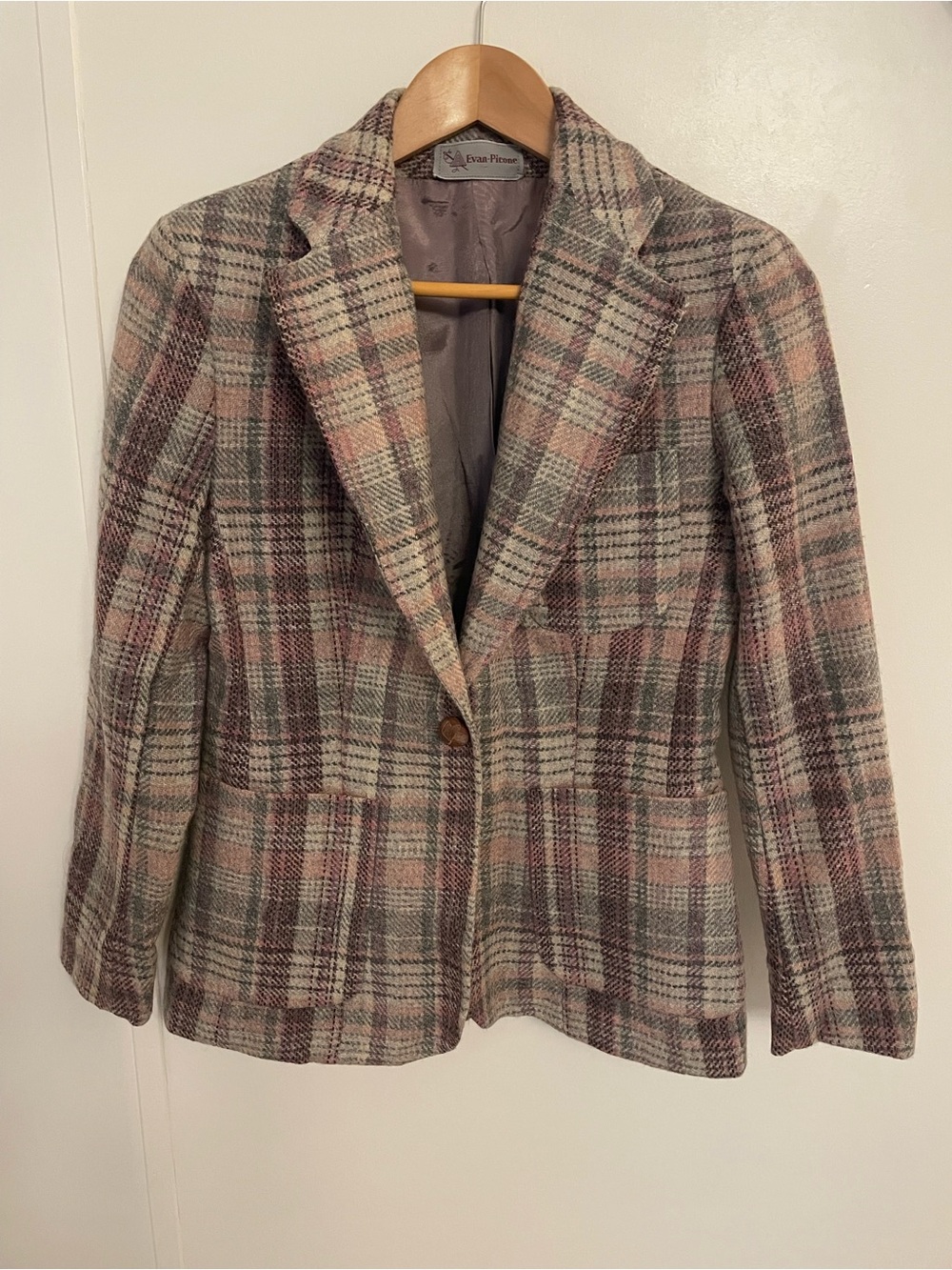 Vintage Evan Picone Pink and Gray Plaid Wool-Blend Single-Button Blazer XS